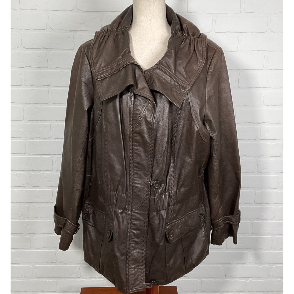 Danier Jacket Women 3XL Brown‎ Leather Coat Collar Full Zip Removable  Lining